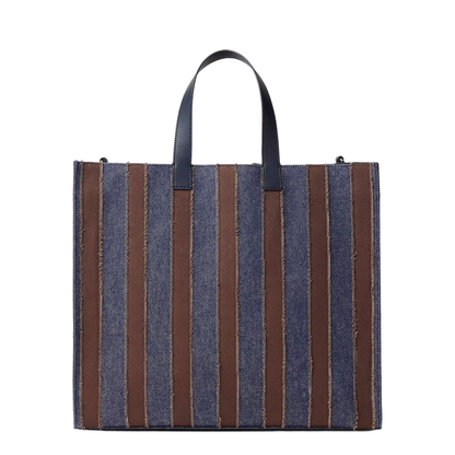 Pequin shopper bag in dark blue denim and brown canvas