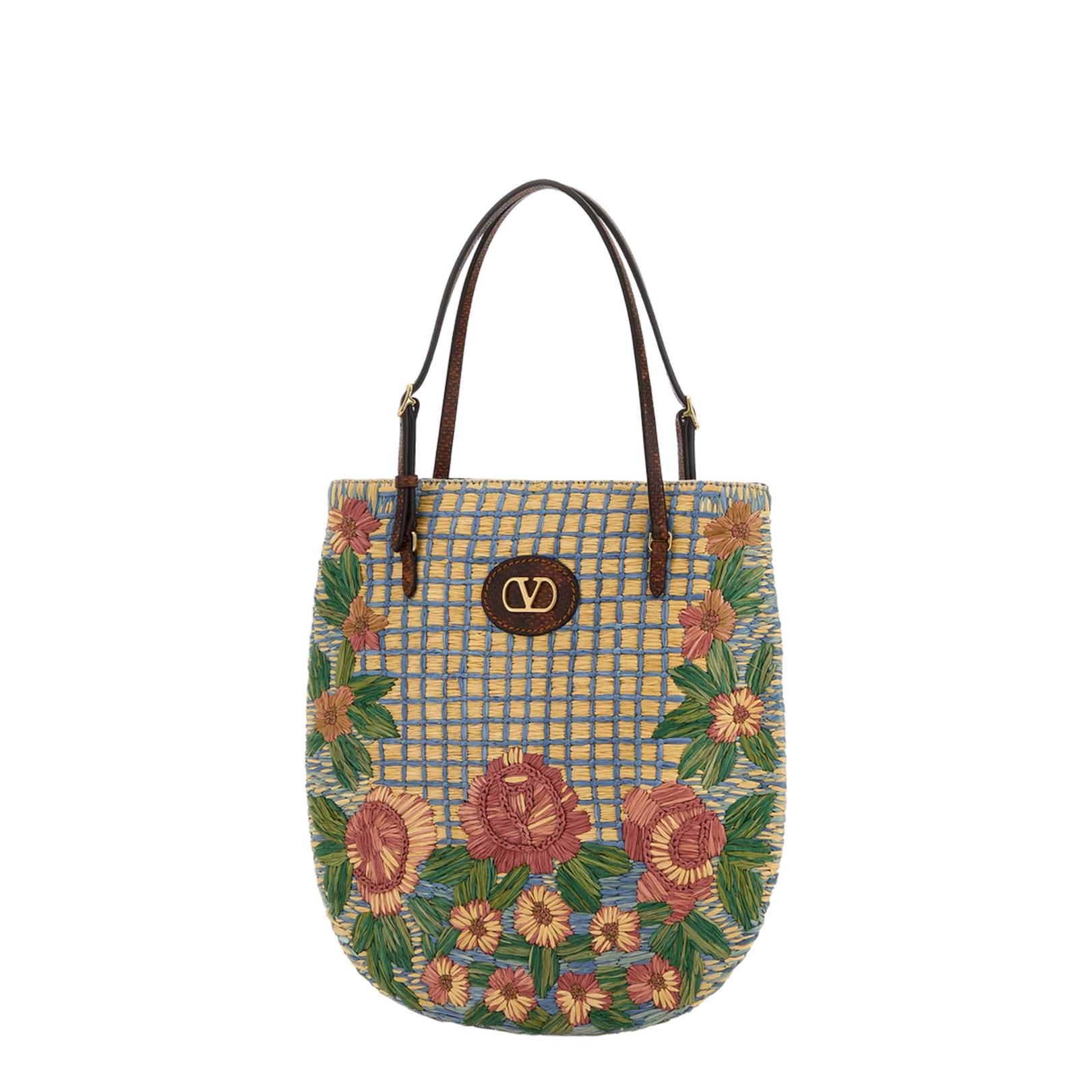 Embroidered Raffia Vlogo Signature Shoulder Bag