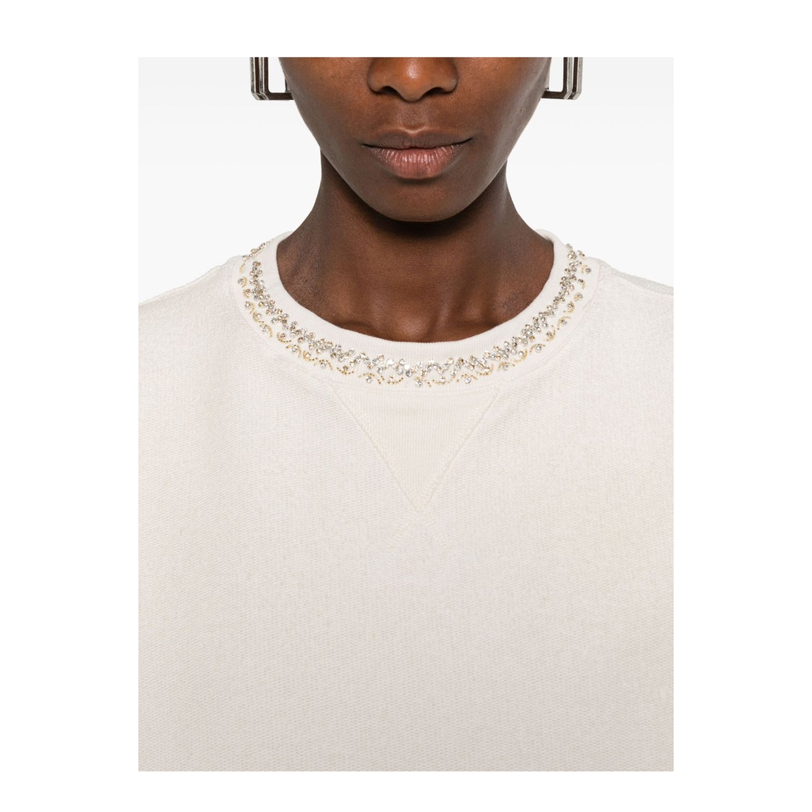 Cream Cotton Cropped Sweatshirt with Crystals