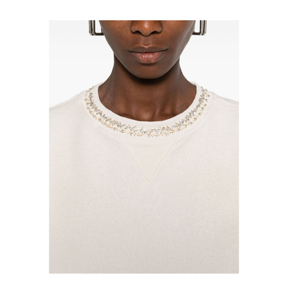 Cream Cotton Cropped Sweatshirt with Crystals
