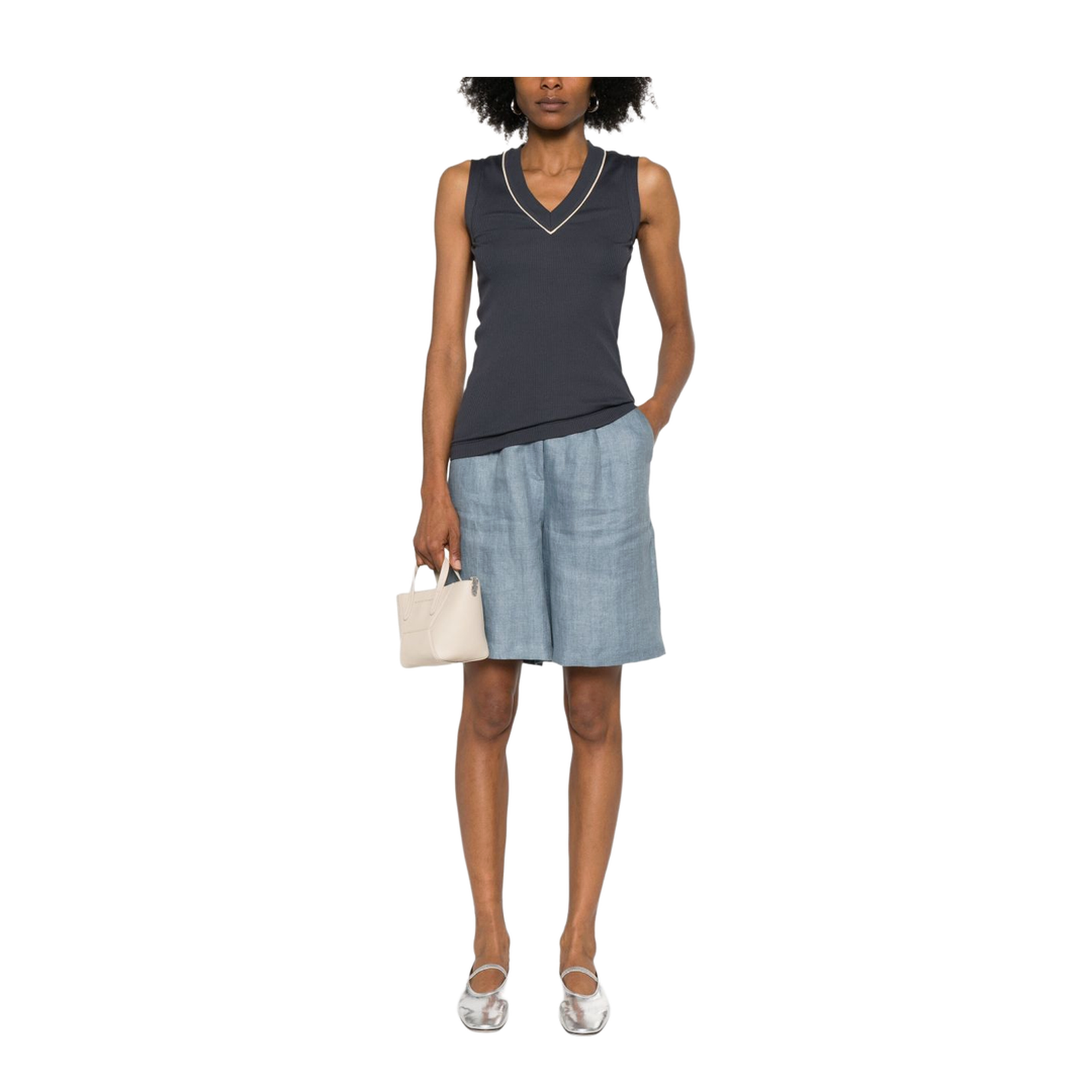 Prussian Blue V-neck Top with Monili Chain Detail