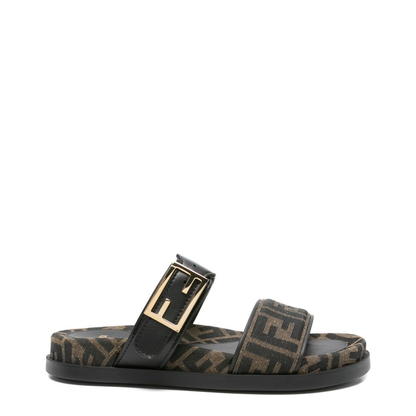 Black FF-Logo Pattern Double Strap Design Buckle Detail Flat Sole Leather Trim