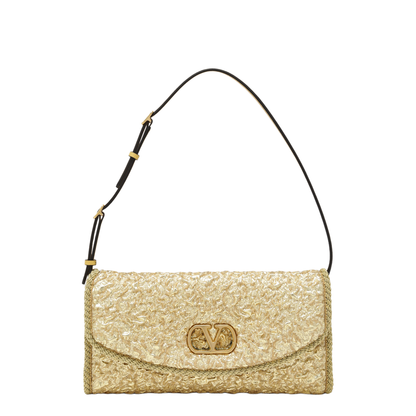 Leather-Trimmed Cloqué Small Shoulder Bag - Gold