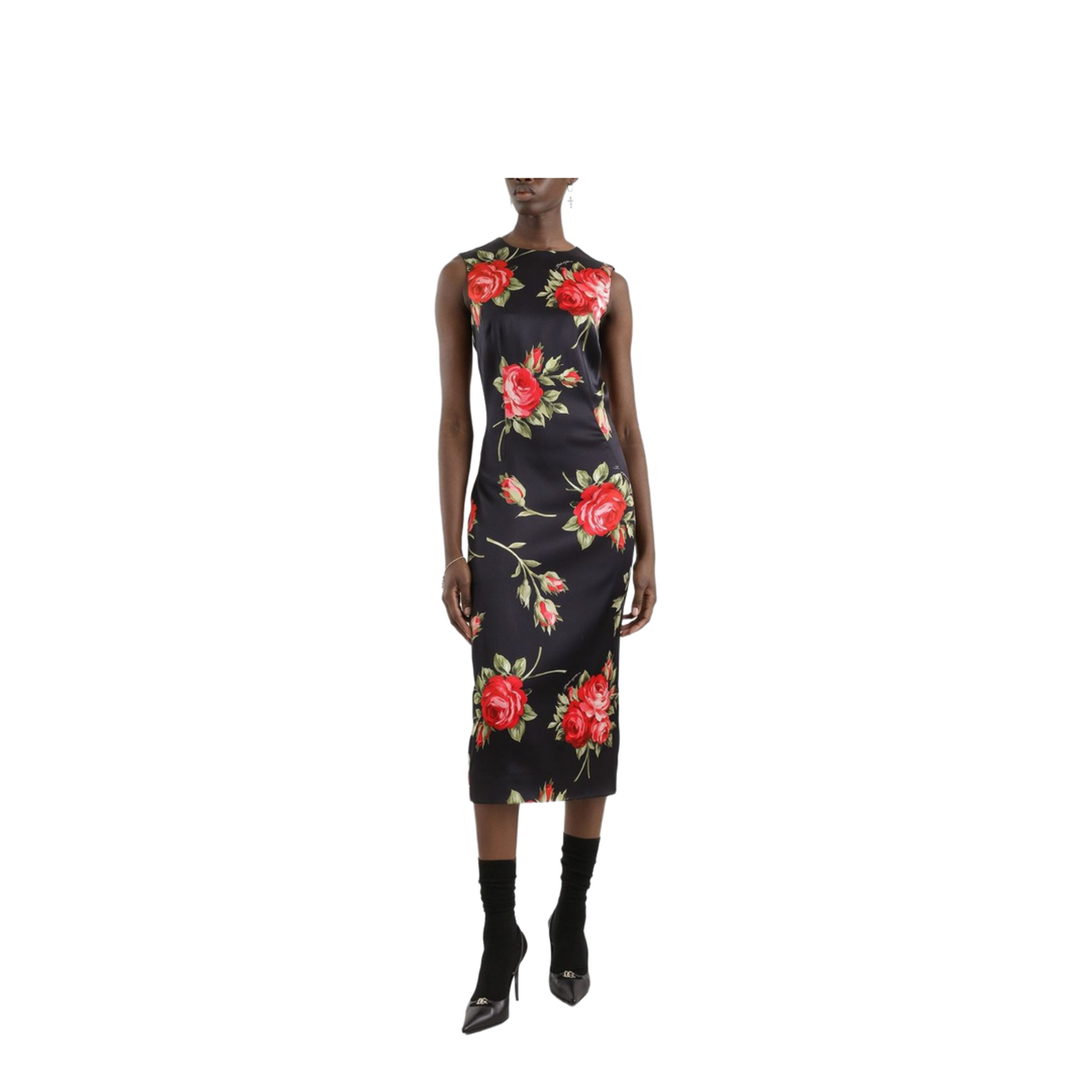 Bouquet Rose Print Satin Midi Dress
