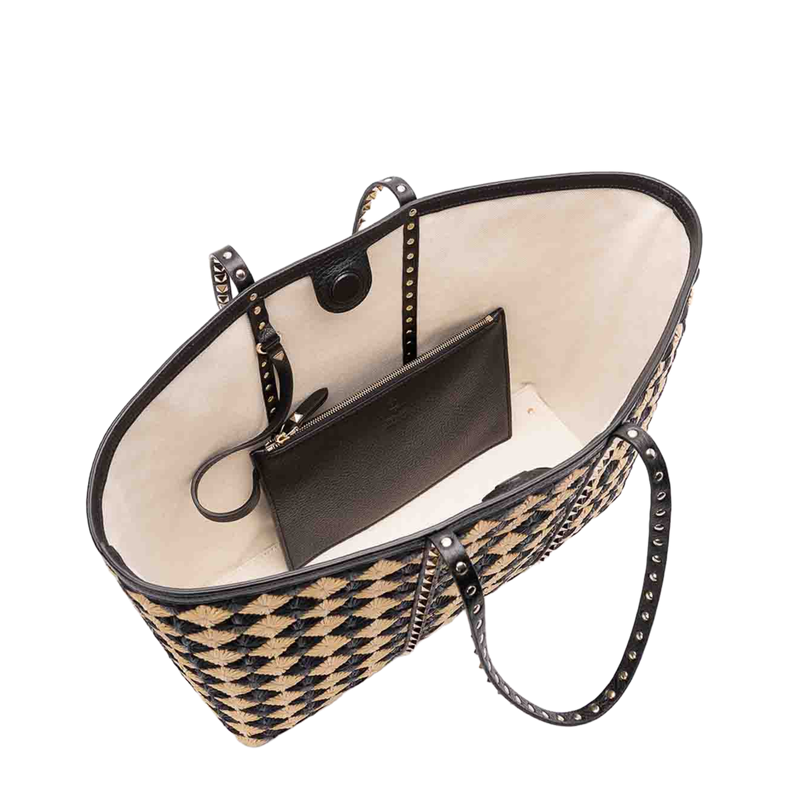Embroidered Raffia Rockstud Shopping Bag