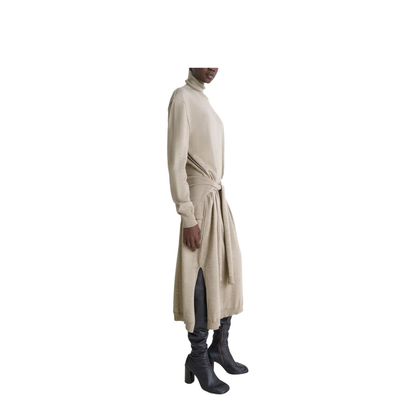 Light Taupe Turtleneck Neckline Tie Fastening Long Sleeves Side Slits Rib-Knit Trim
