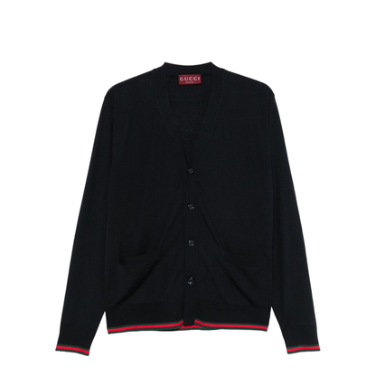 Wool Knit Cardigan with Web in Dark Blue