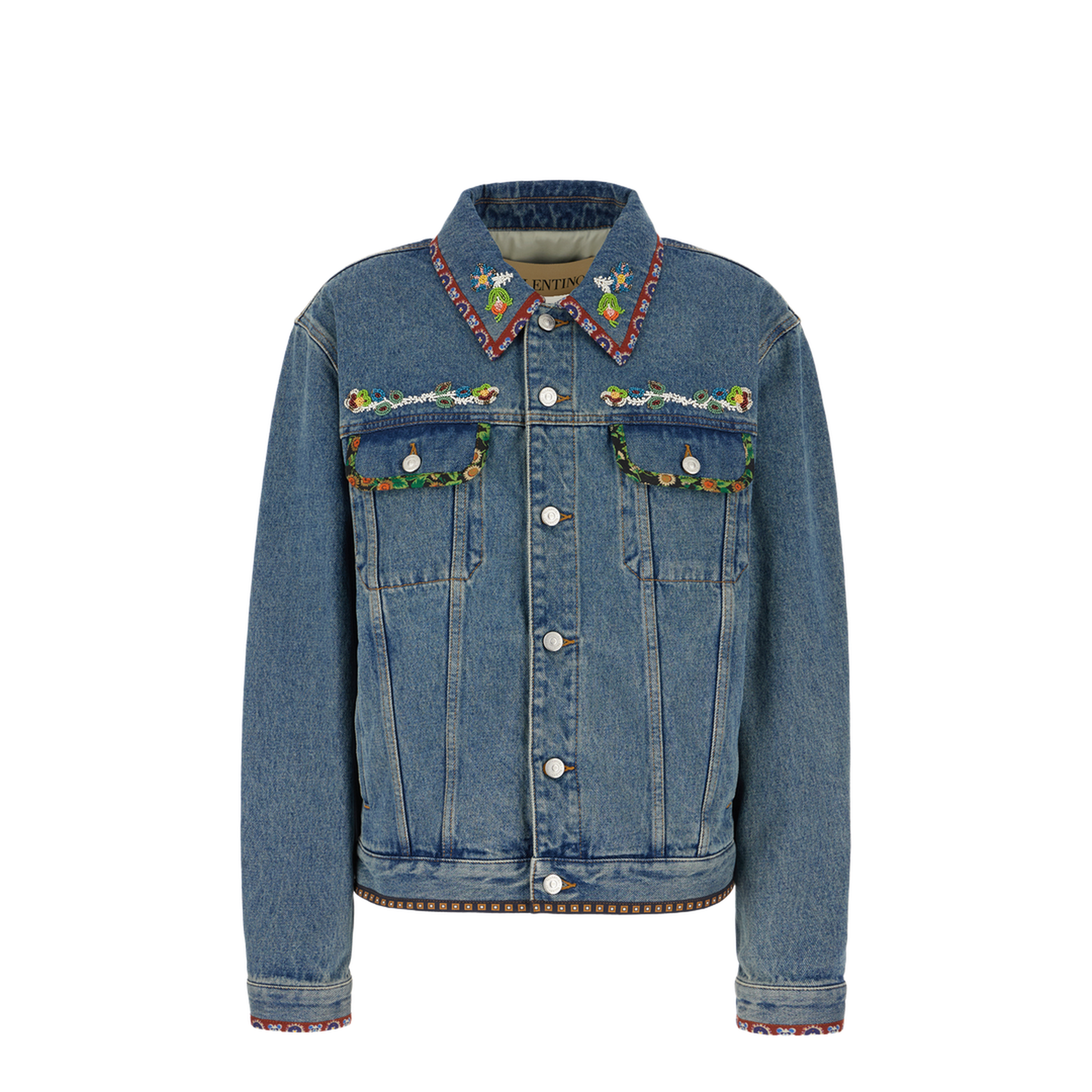 Denim Jacket With Beaded Embroidery And Printed Edges
