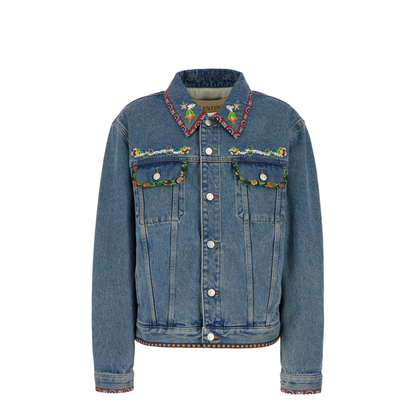 Denim Jacket With Beaded Embroidery And Printed Edges