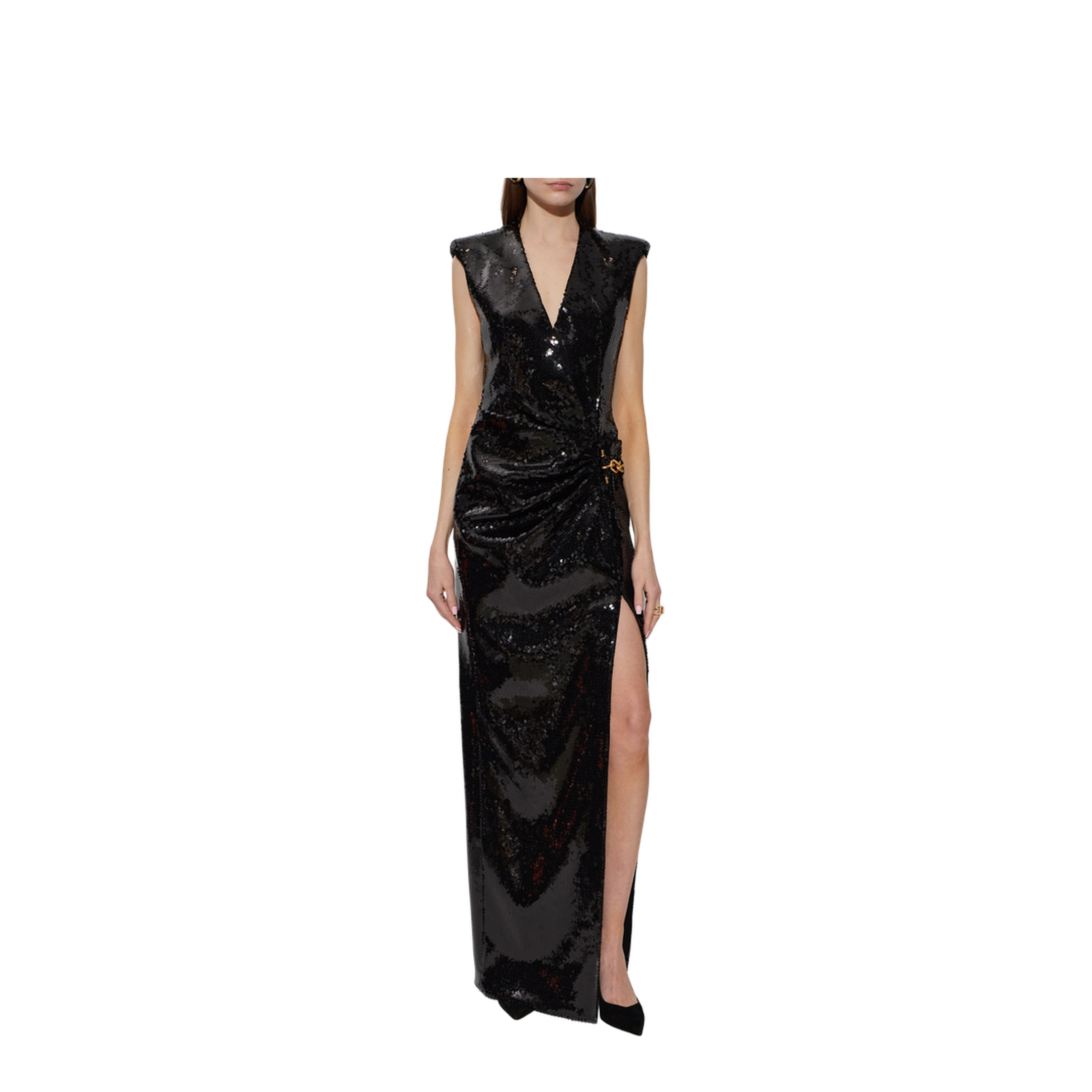 Long Draped Sequin Dress with Embellished Detail