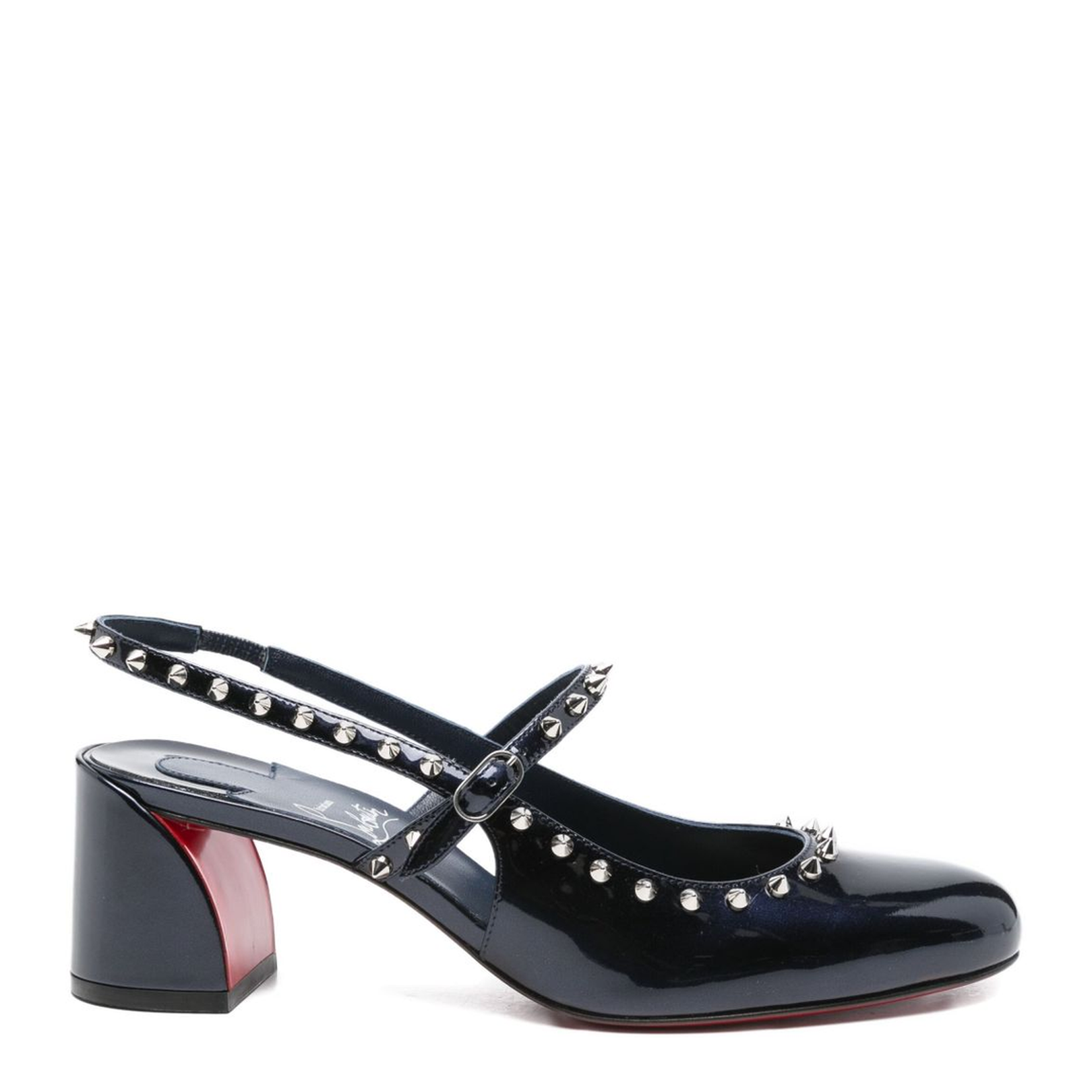 Dark Blue Patent Leather Slingback Strap Block Heel