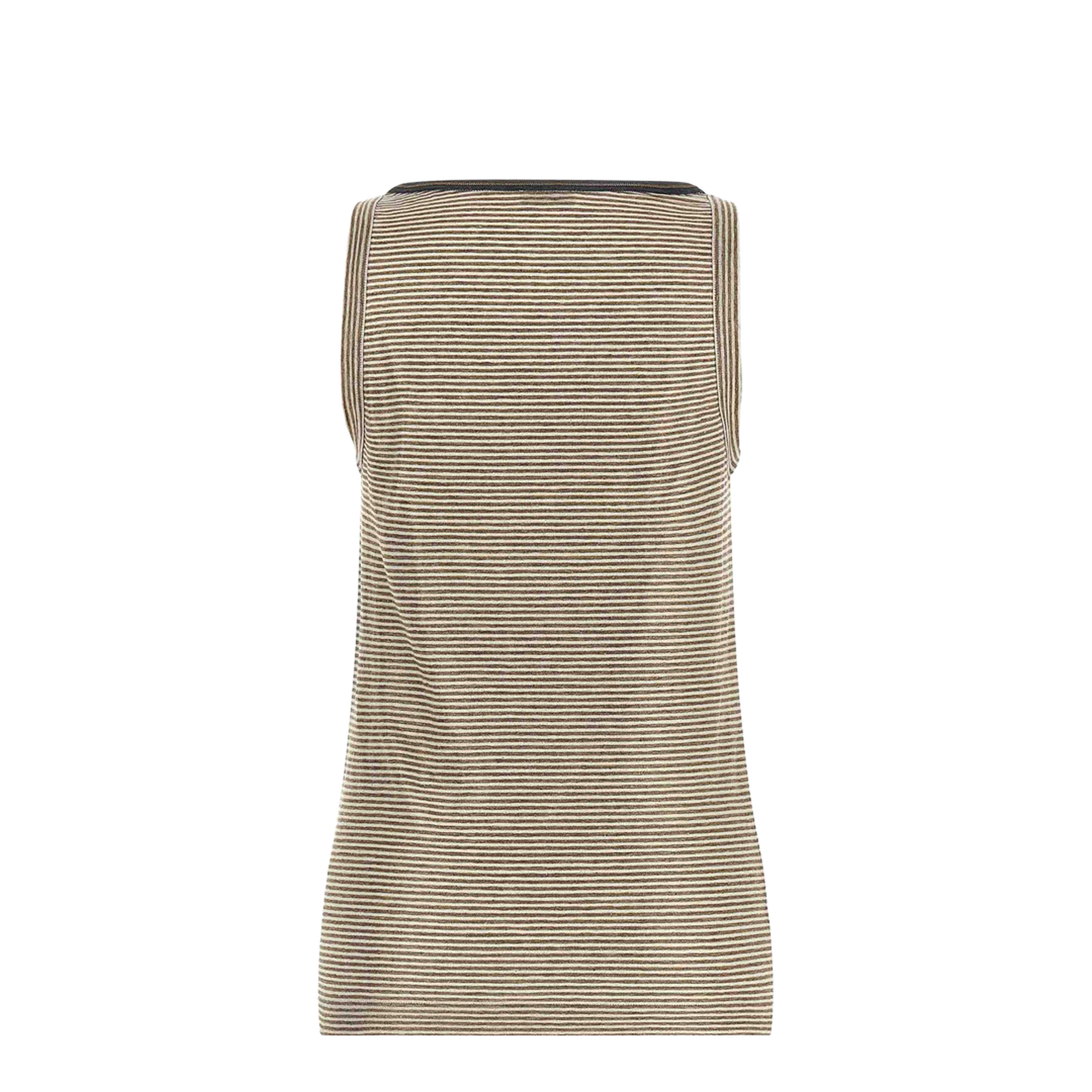 Linen Striped Crew Neck Top with Contrasting Trim and Necklace