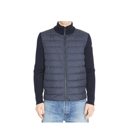 Navy Blue Padded Wool Zip-Up Cardigan