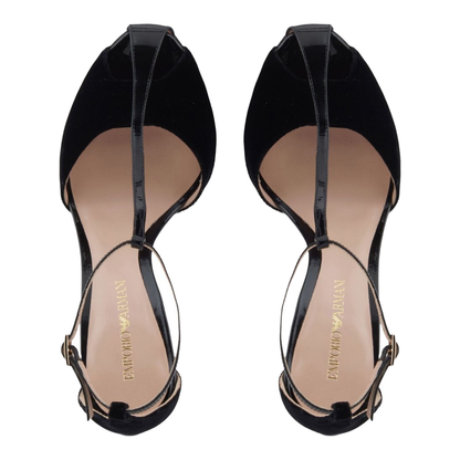 Black Velvet T-Bar Stiletto Sandals