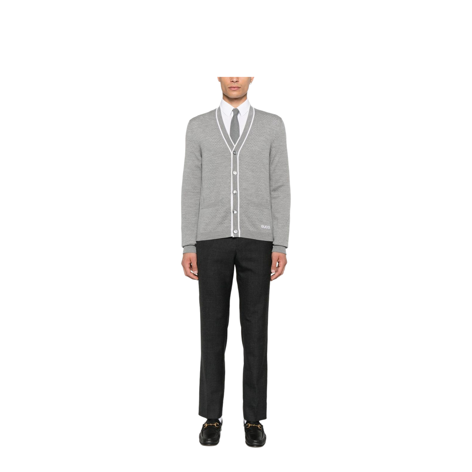 Fine Wool Knit Cardigan with Intarsia