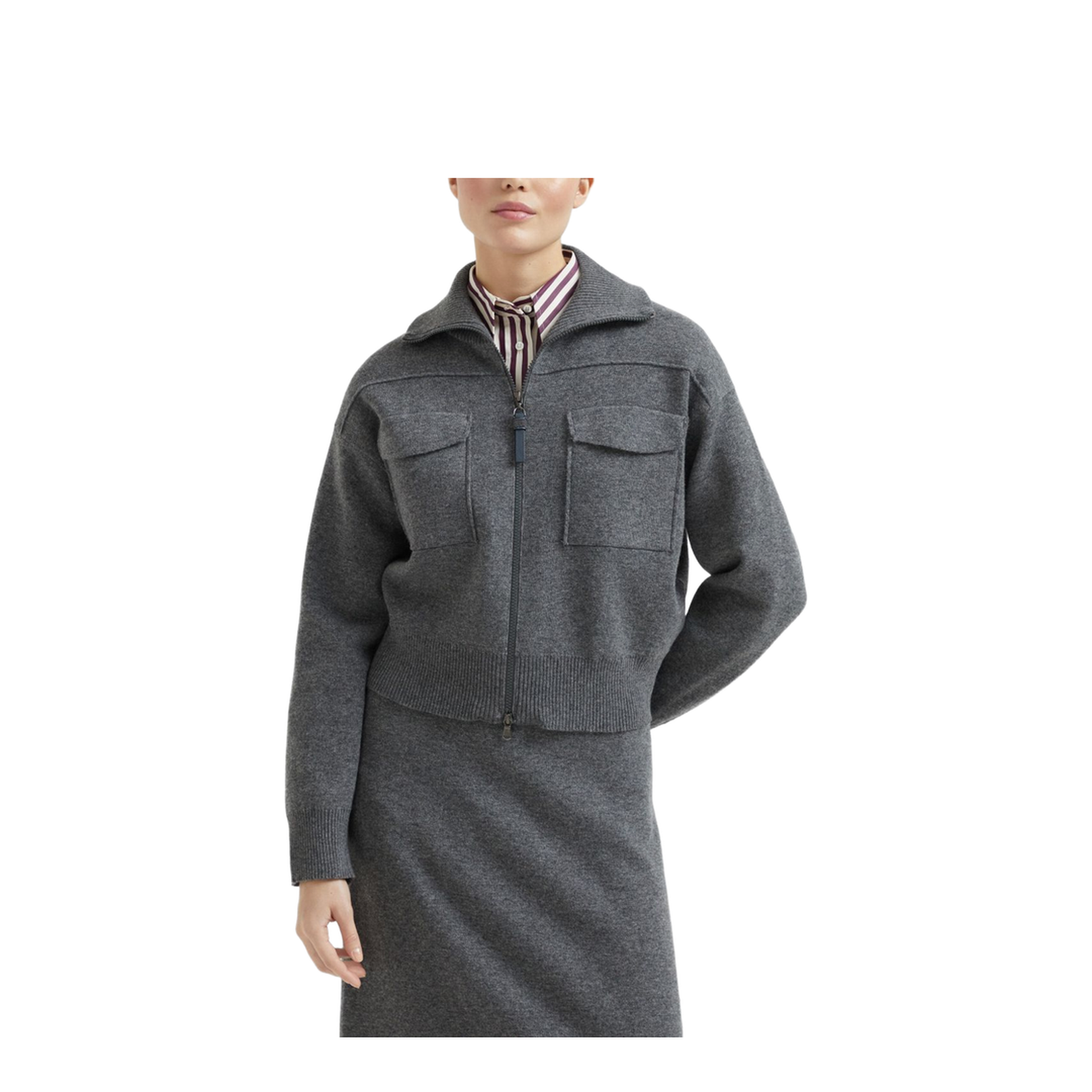 Crop Wool Cardigan High Neck Zip Closure with Shiny Zipper Pull