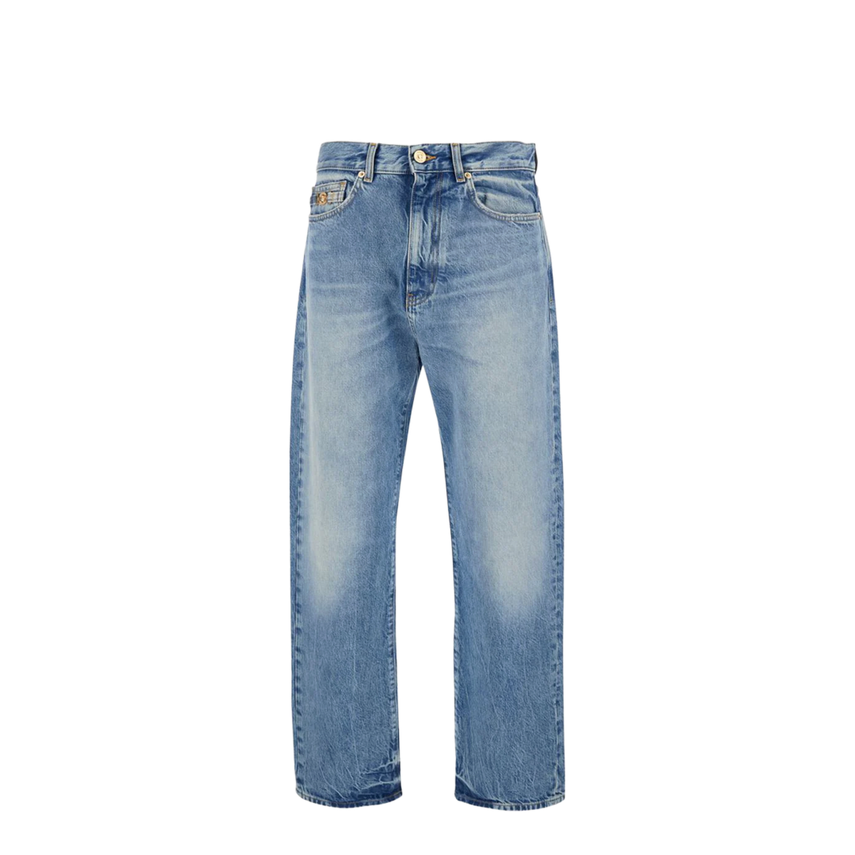 Blue Jeans With Back Logo Patch And Faded Effect In Denim