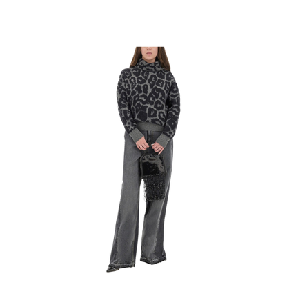 Black/Grey Leopard Jacquard Turtleneck Jumper