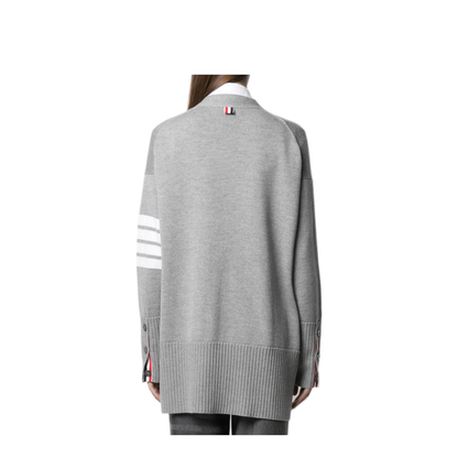 MAYFEYR - Thom Browne - Exaggerated Fit V Neck Cardigan With 4 Bar Stripe In Fine Merino Wool - FKC402AY1002055