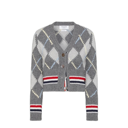 MAYFEYR - Thom Browne - Argyle Jersey Intarsia Shrunken V Neck Cardigan In Chunky Merino Wool W/ Rwb Stripe - FKC679AY1029982