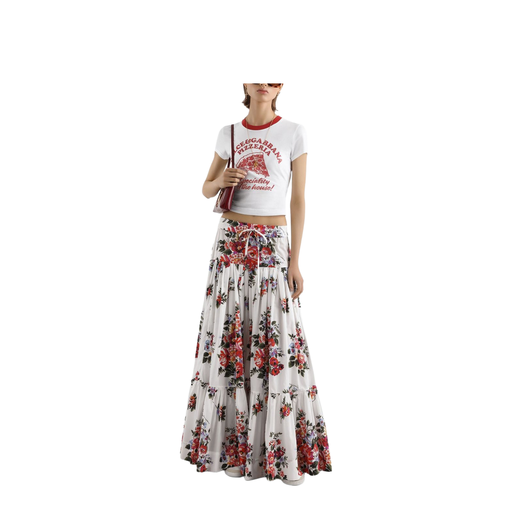 Flower Bouquet-Print Poplin Long Skirt