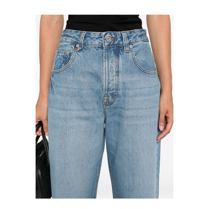 Indigo Blue Concealed Fly and Button Fastening Classic Five Pockets Belt Loops Whiskering Effect