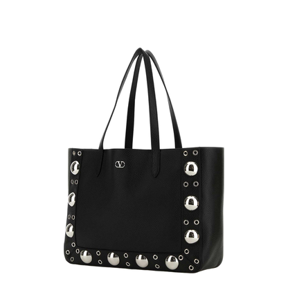 Black Leather Vlogo Signature Shopping Bag