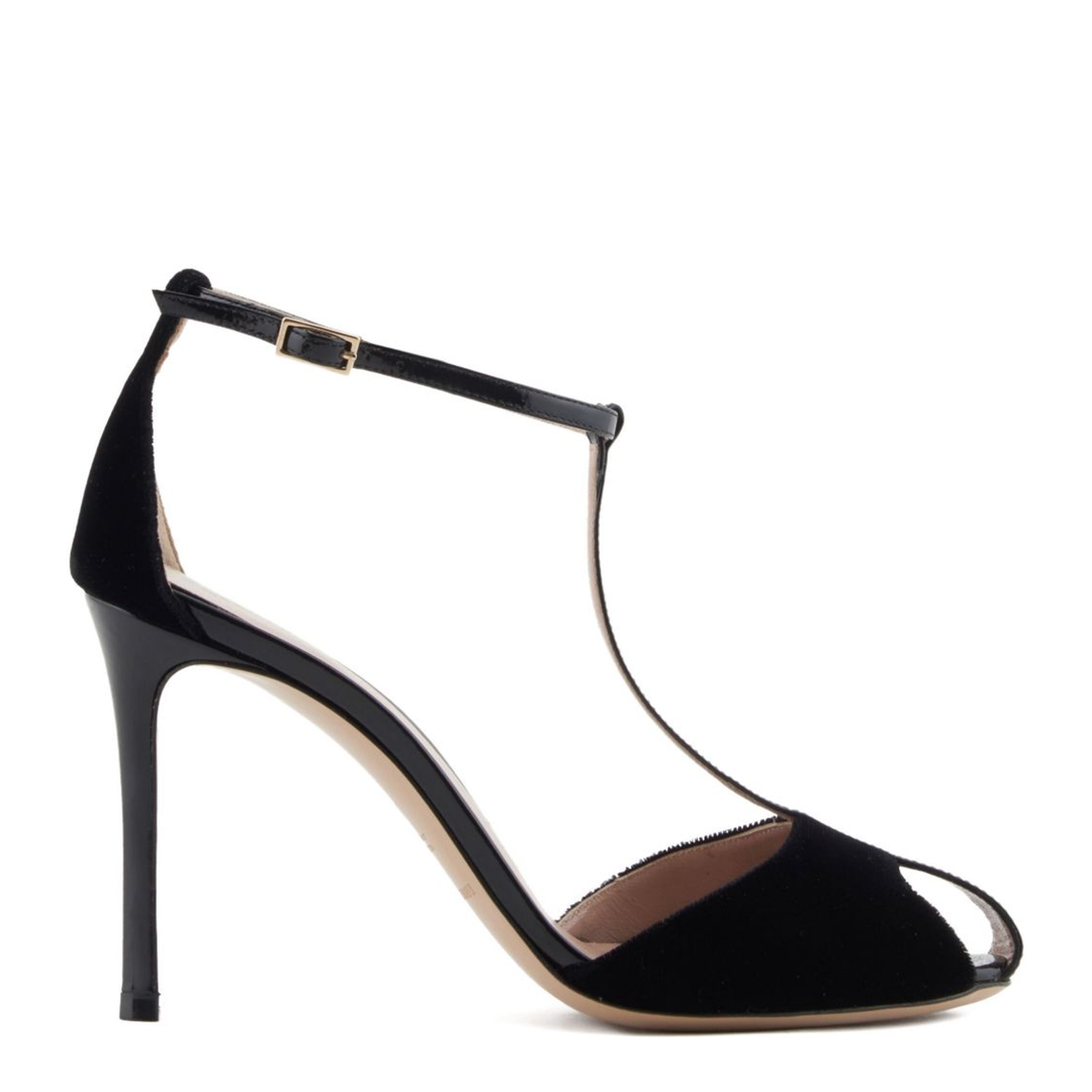 Black Velvet T-Bar Stiletto Sandals