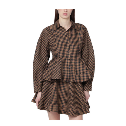 Brown Black Gingham Peplum Shirt