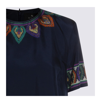 Blue Paisley-print Habotai Silk Tunic Short Dress