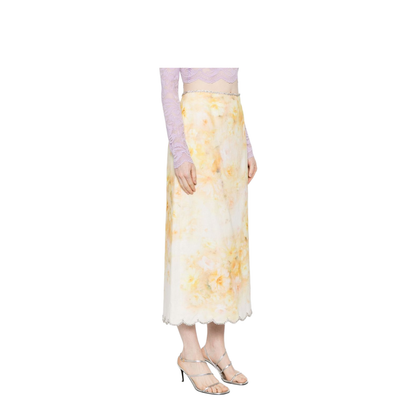 Floral Print Linen Midi Skirt