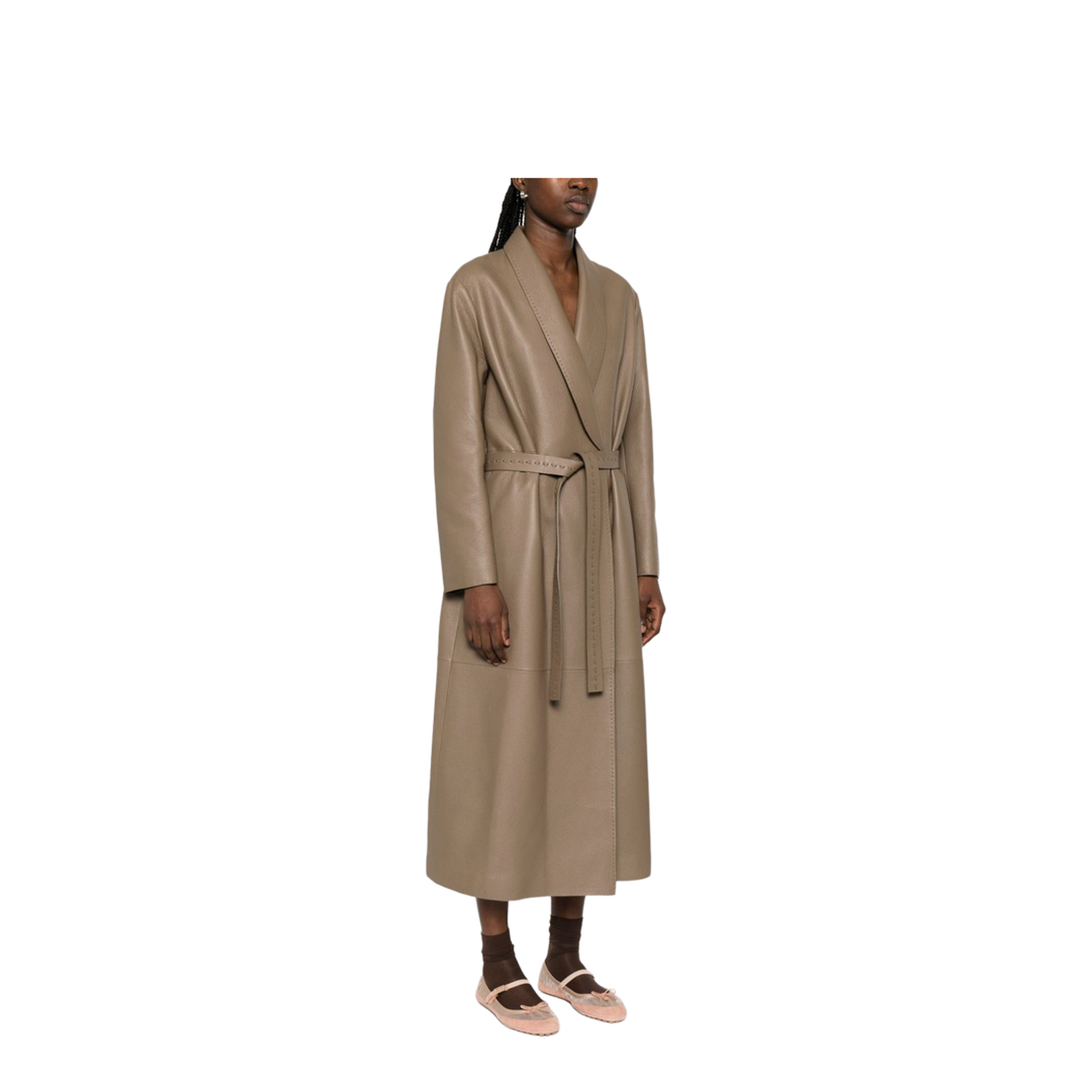 Long Wrap Coat Leather Green