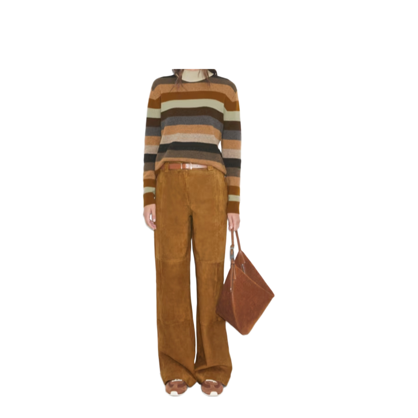 Beige Pants With Belt Loops And Insert Design In Suede