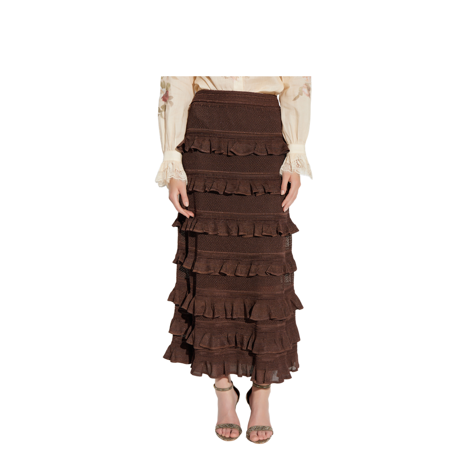 Hypnotic Lace Frill Metallic-Knit Midi Skirt