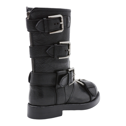Black leather boots with straps