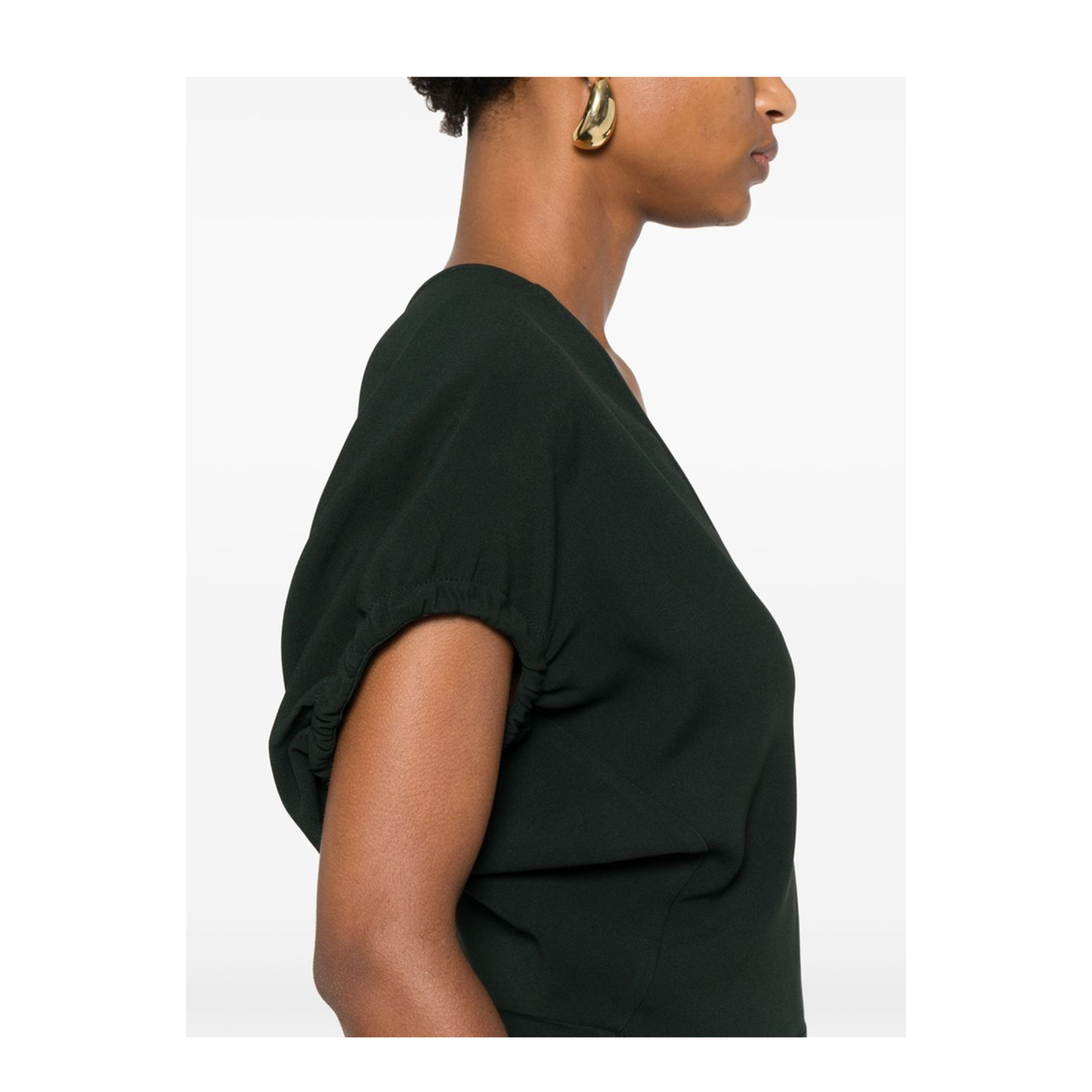 V-Neck Blouson Midi Dress in Black