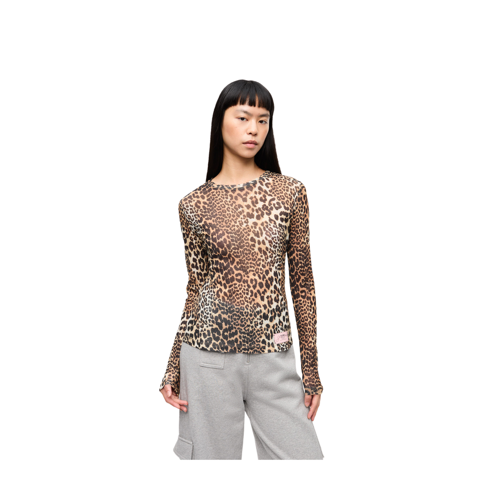 Brown Top with All-Over Leopard Motif in Tech Fabric