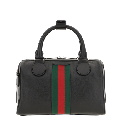 Web Trademark Small Leather Duffle Bag - Black