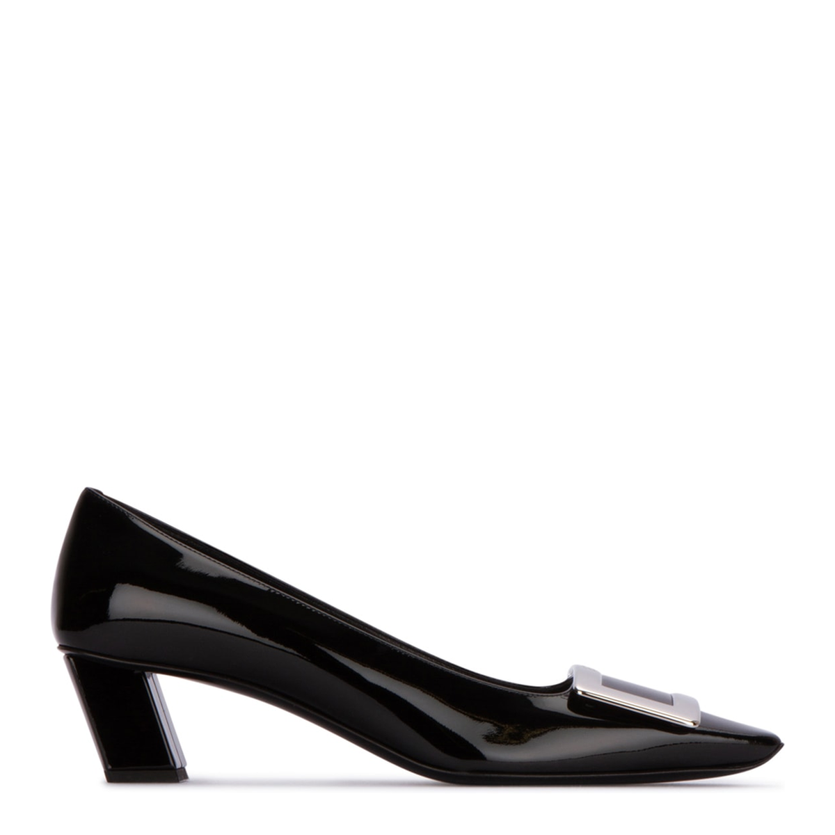 black calfskin pumps with buckle and wide heel