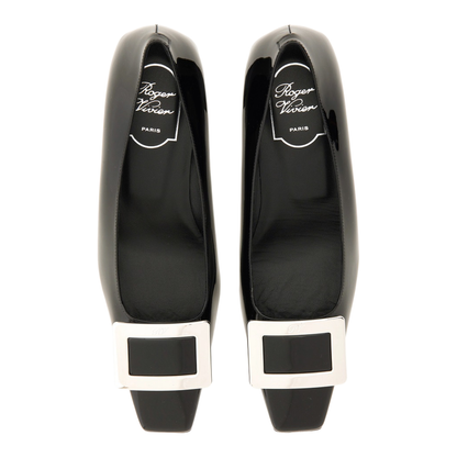 black calfskin pumps with buckle and wide heel