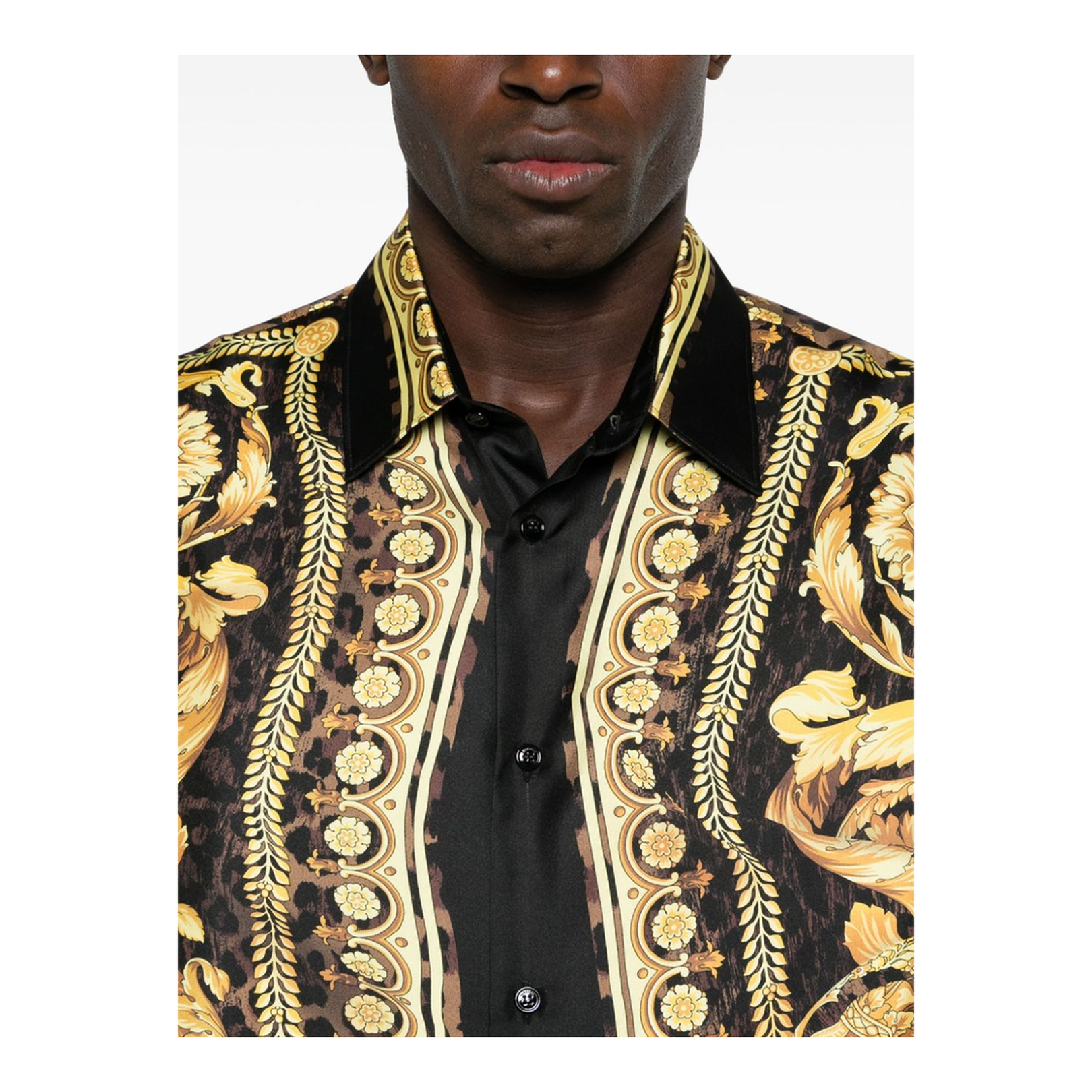 Black Silk Satin Twill Weave Shirt with Barocco and Leopard Print