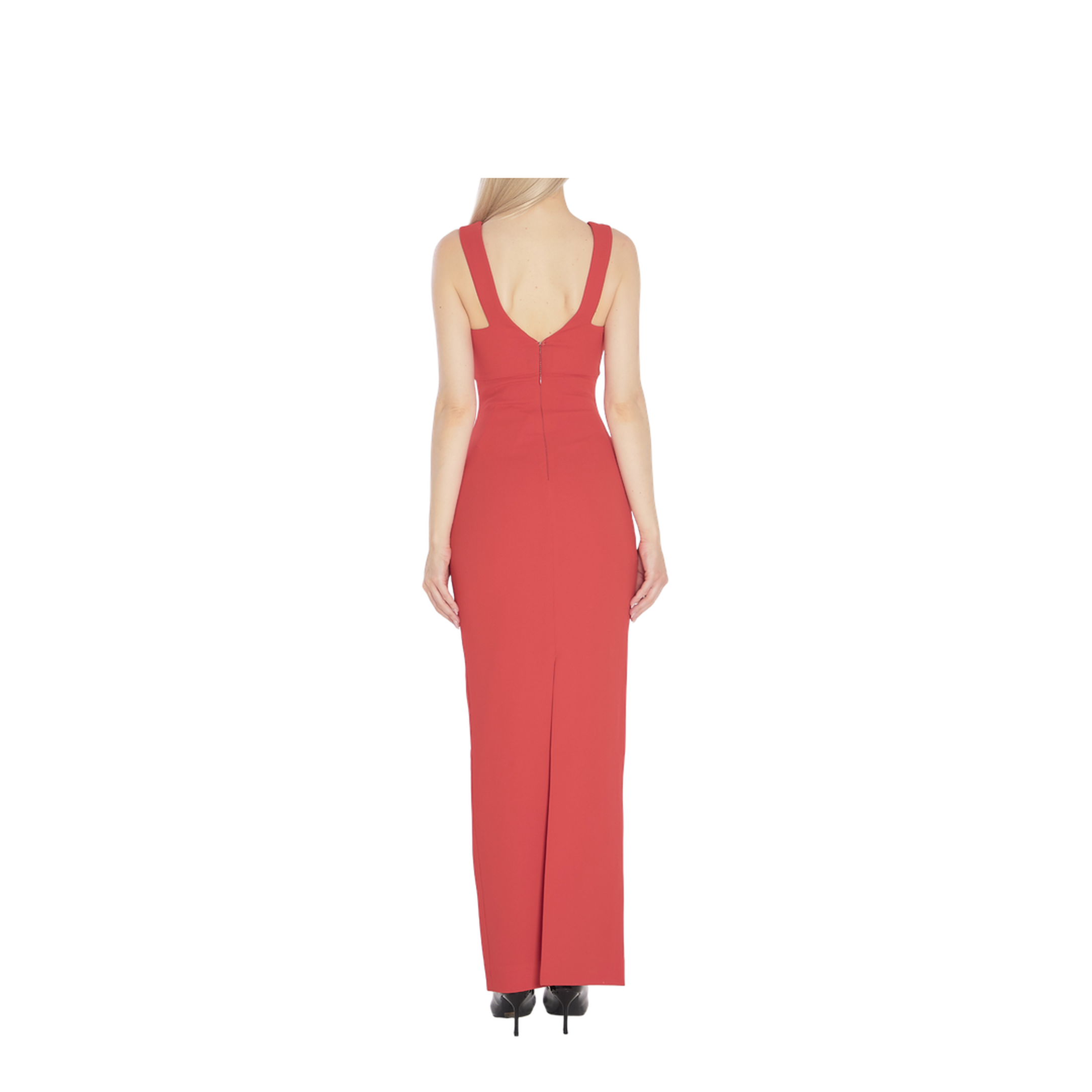 Red Sleeveless Design V-Neckline Fitted Bodice Maxi Length Straight Skirt