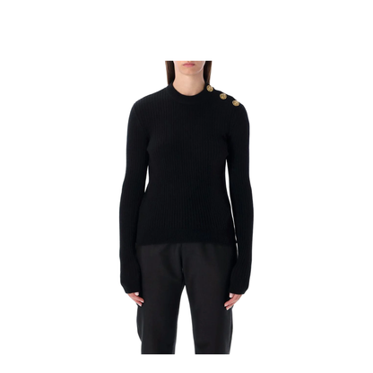 Black Ribbed Wool Sweater With Gold Buttons