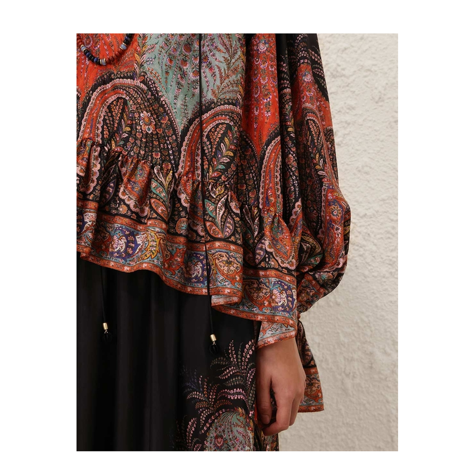 'Rhiannon Ruffle Billow' Silk Blouse In Black Paisley