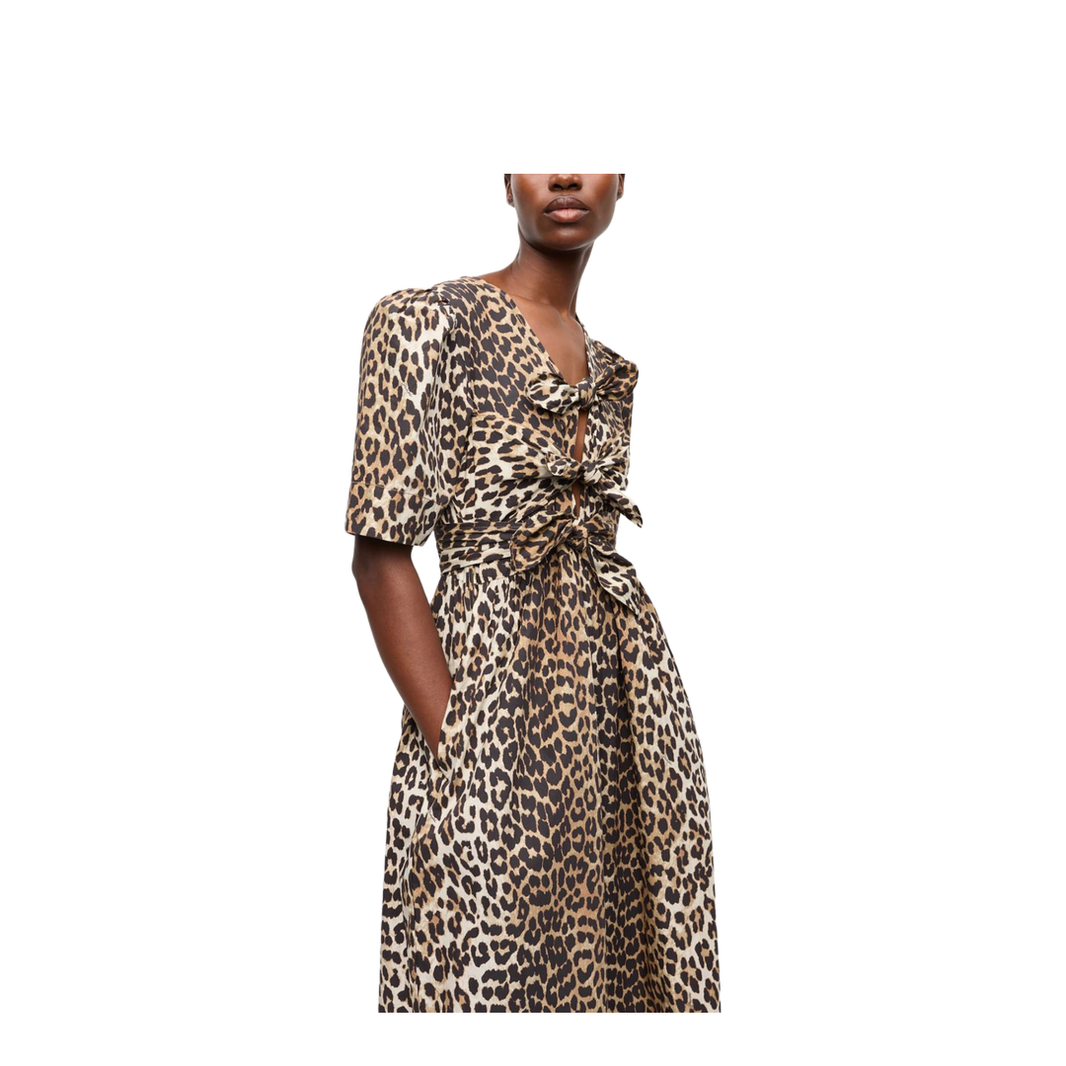 Leopard Print Tie Strap Midi Dress In Brown