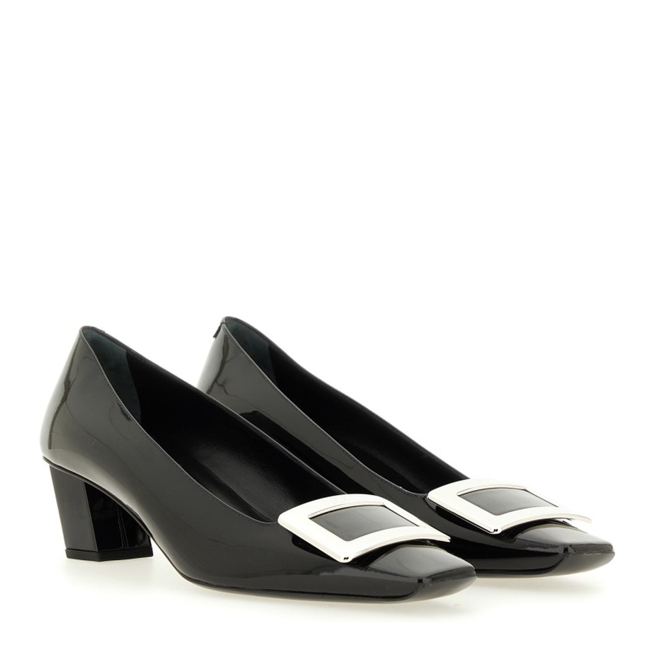 black calfskin pumps with buckle and wide heel