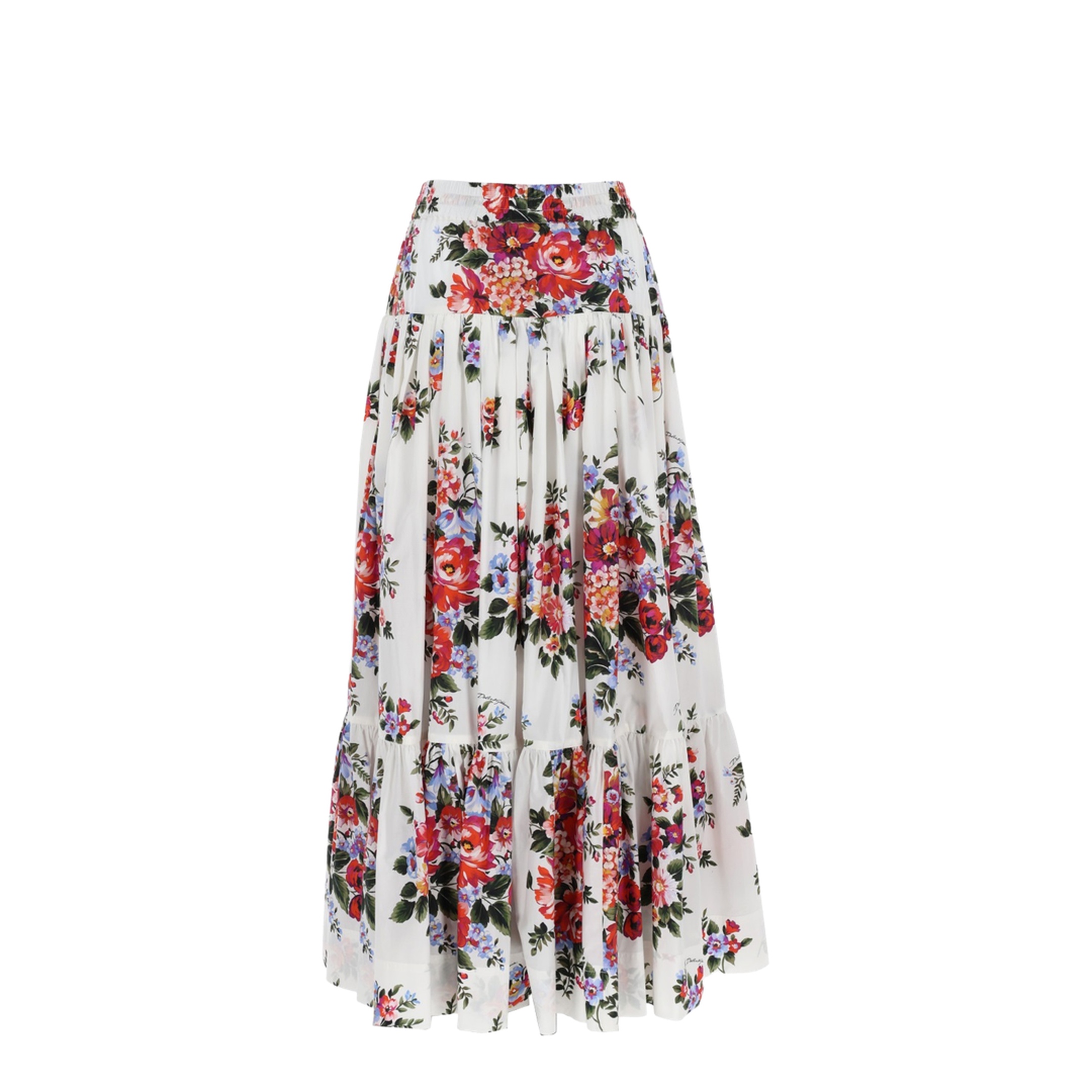 Flower Bouquet-Print Poplin Long Skirt