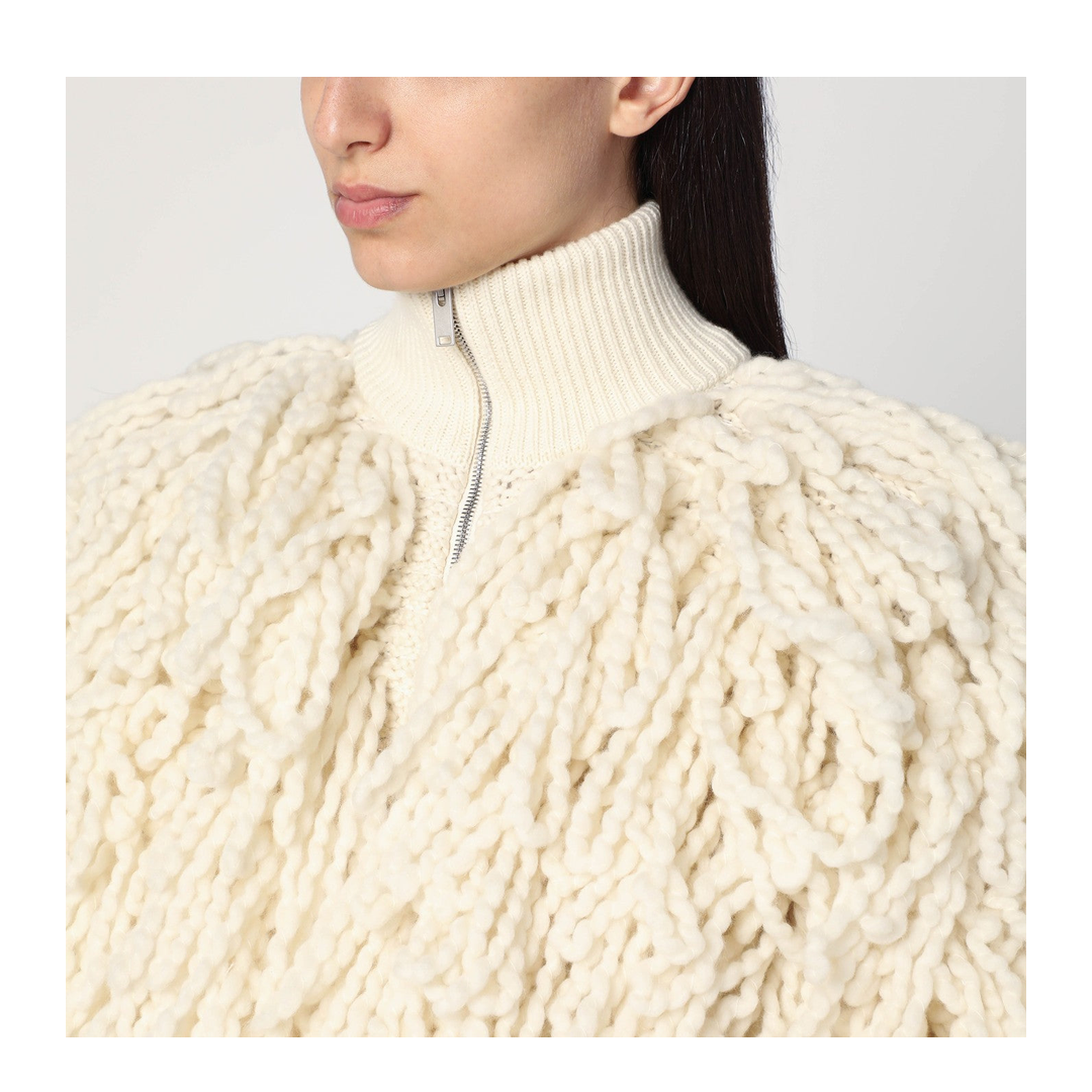 White Wool Bomber Jacket with Fringes