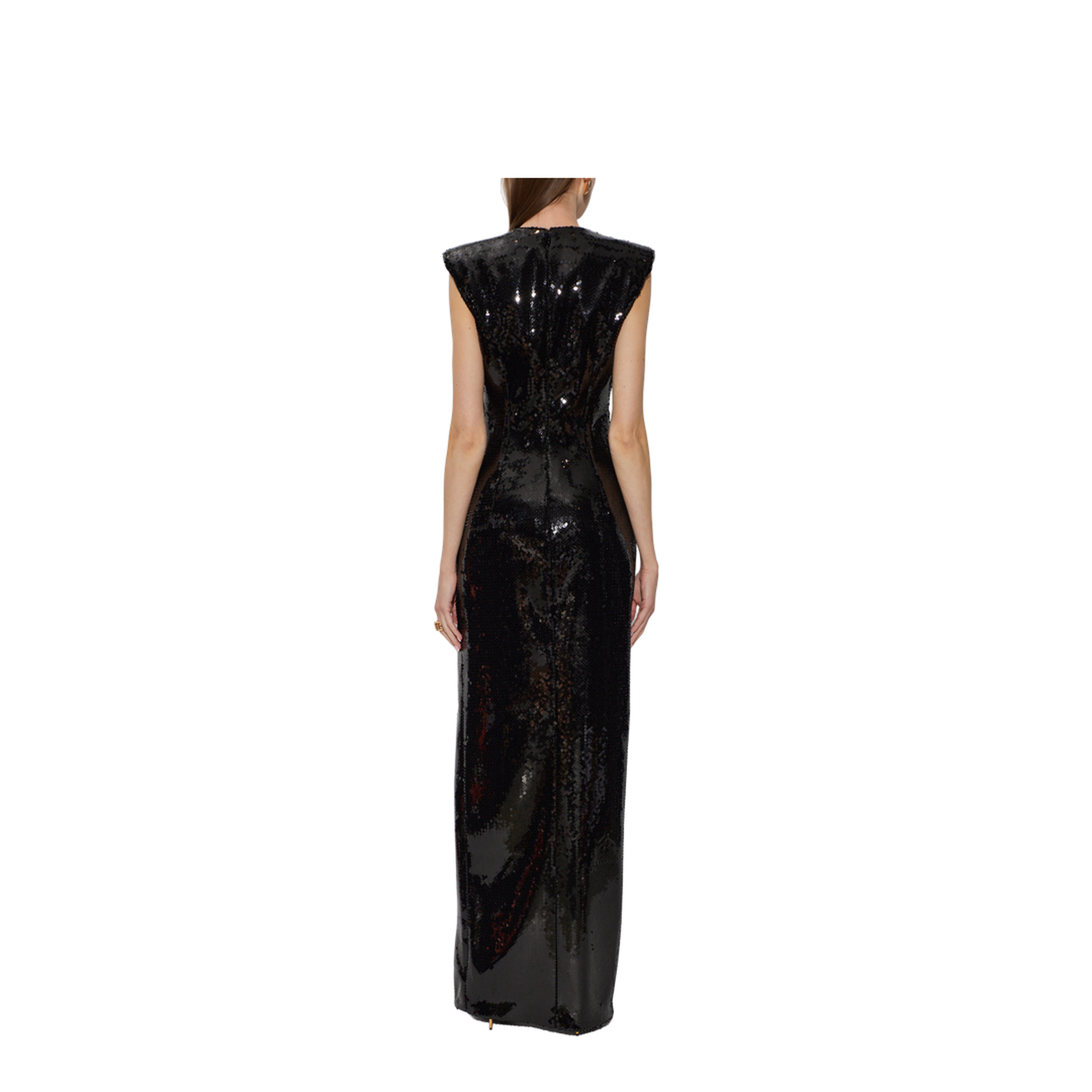 Long Draped Sequin Dress with Embellished Detail