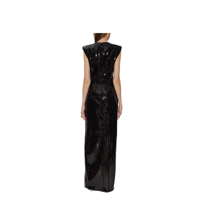 Long Draped Sequin Dress with Embellished Detail